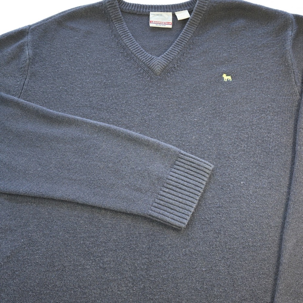 Aeropostale Mens XL V-Neck Sweater Gray Acrylic Slim Fit Y2K Retro Embroidered